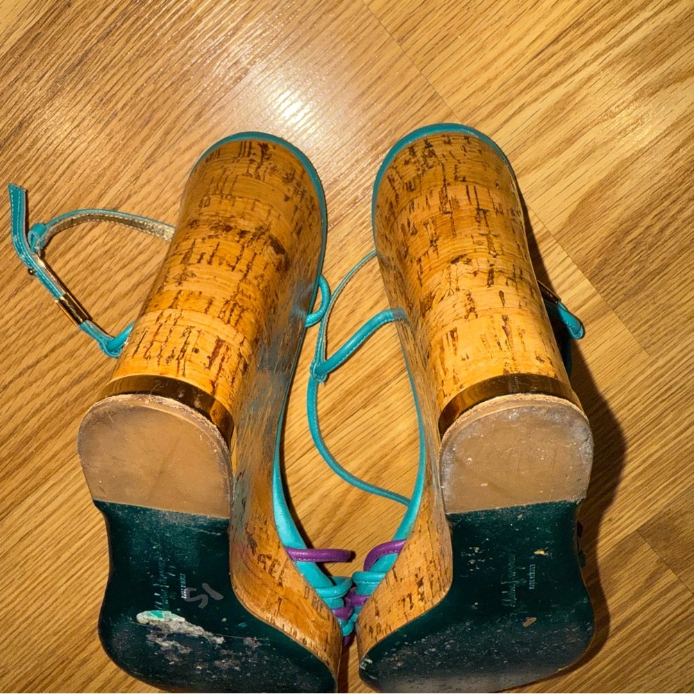 Salvatore Ferragamo‎ Purple and Teal Braided Lacquer Cork Wedge Sandals 8.5 C - Picture 6 of 11
